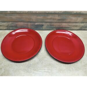 Vintage Enamelware Metal Dinner Plates Yellow Set Of 2 Black Rim Butterfly Brand